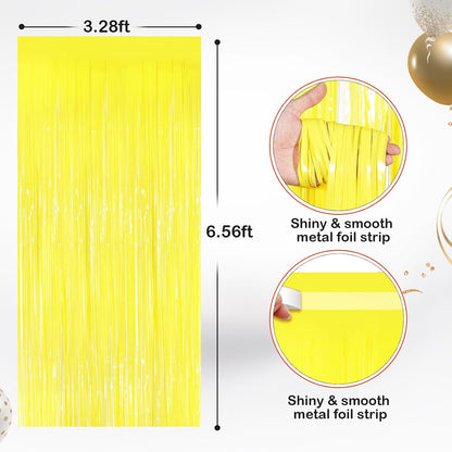 Yellow Fringe Curtains 2 Pack, Tinsel Backdrop for Party Decorations | Bright Metallic Foil Finish, Self Adhesive Peel & Stick, Photo Booth Backdrop, Easter Birthday Baby Shower Summer Party Decor