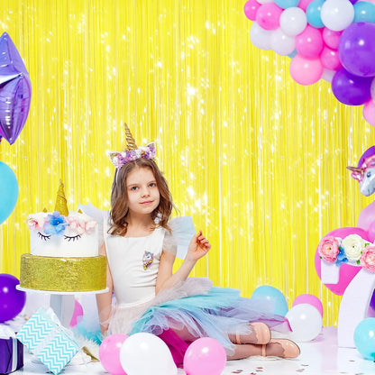 Yellow Fringe Curtains 2 Pack, Tinsel Backdrop for Party Decorations | Bright Metallic Foil Finish, Self Adhesive Peel & Stick, Photo Booth Backdrop, Easter Birthday Baby Shower Summer Party Decor