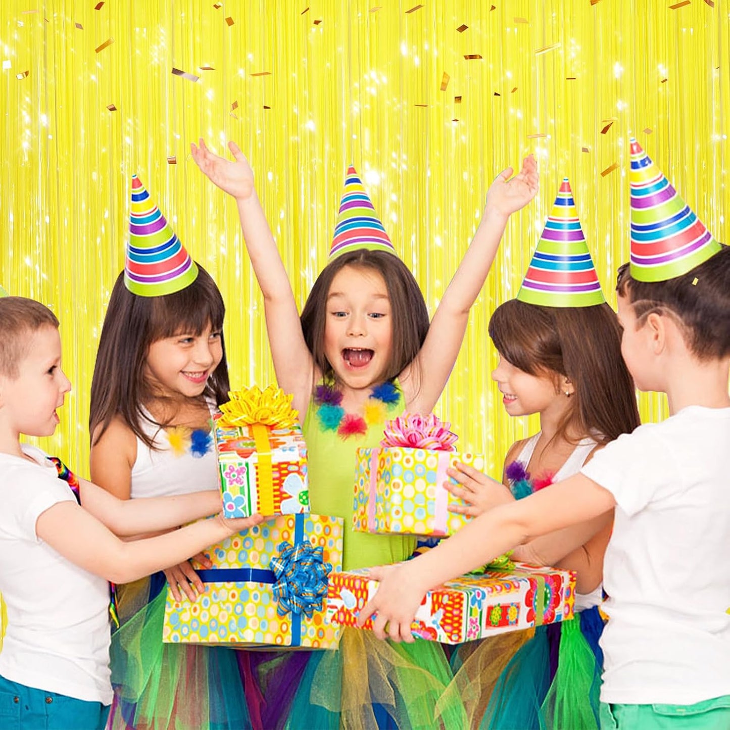 Yellow Fringe Curtains 2 Pack, Tinsel Backdrop for Party Decorations | Bright Metallic Foil Finish, Self Adhesive Peel & Stick, Photo Booth Backdrop, Easter Birthday Baby Shower Summer Party Decor