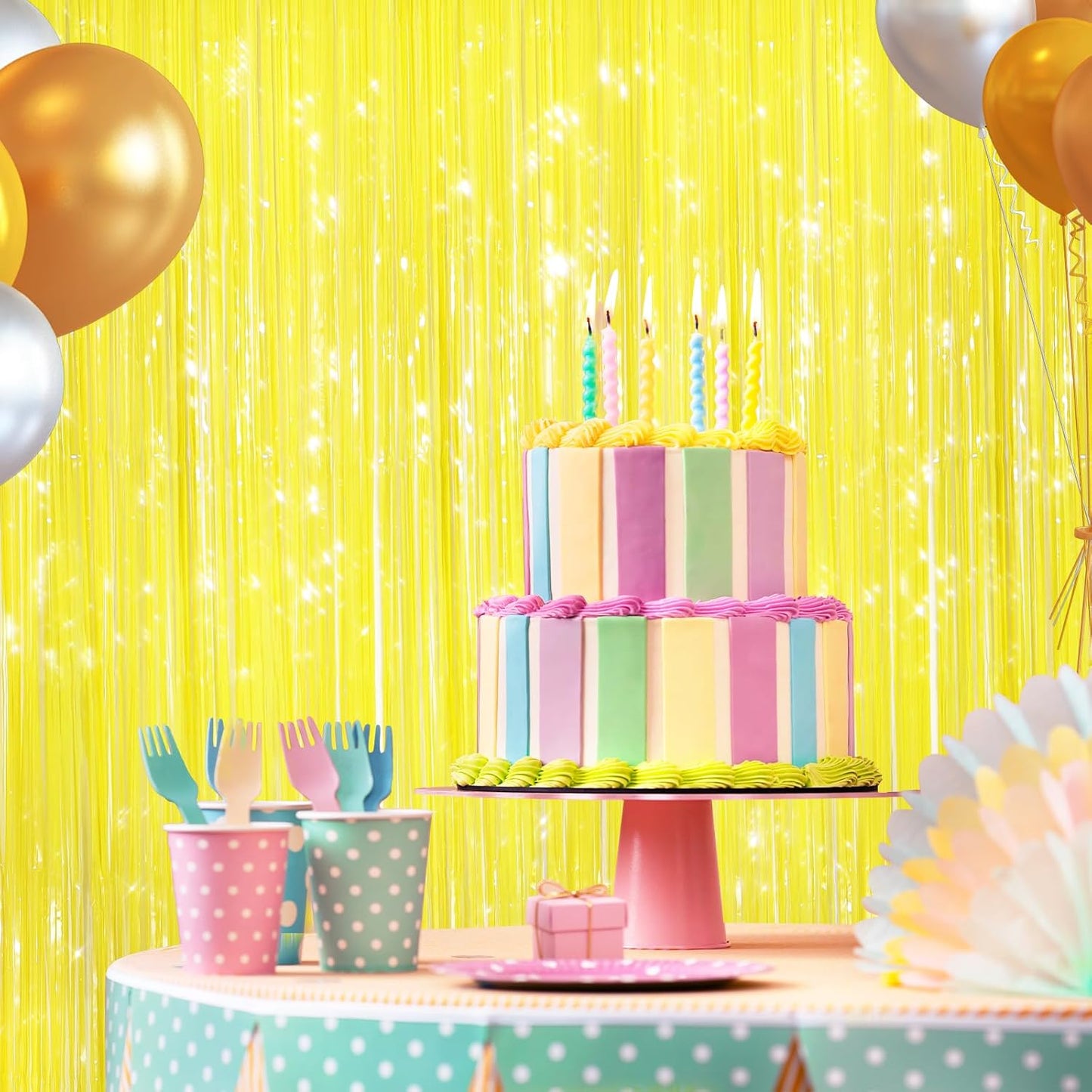 Yellow Fringe Curtains 2 Pack, Tinsel Backdrop for Party Decorations | Bright Metallic Foil Finish, Self Adhesive Peel & Stick, Photo Booth Backdrop, Easter Birthday Baby Shower Summer Party Decor