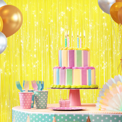Yellow Fringe Curtains 2 Pack, Tinsel Backdrop for Party Decorations | Bright Metallic Foil Finish, Self Adhesive Peel & Stick, Photo Booth Backdrop, Easter Birthday Baby Shower Summer Party Decor