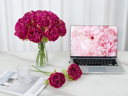10PCS Artificial Peony Flowers, Real Touch Fake Silk Bouquet with Stems for Home Mothers Day Wedding Party Centerpieces Table Decoration Indoor(Champagne)