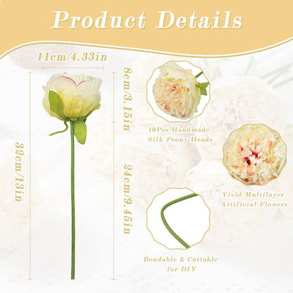 10PCS Artificial Peony Flowers, Real Touch Fake Silk Bouquet with Stems for Home Mothers Day Wedding Party Centerpieces Table Decoration Indoor(Champagne)