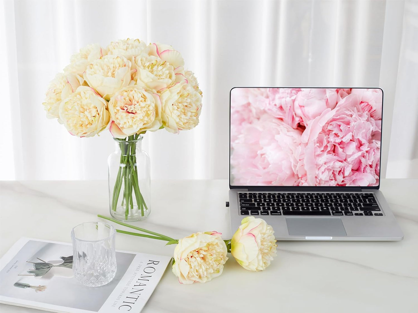 10PCS Artificial Peony Flowers, Real Touch Fake Silk Bouquet with Stems for Home Mothers Day Wedding Party Centerpieces Table Decoration Indoor(Champagne)