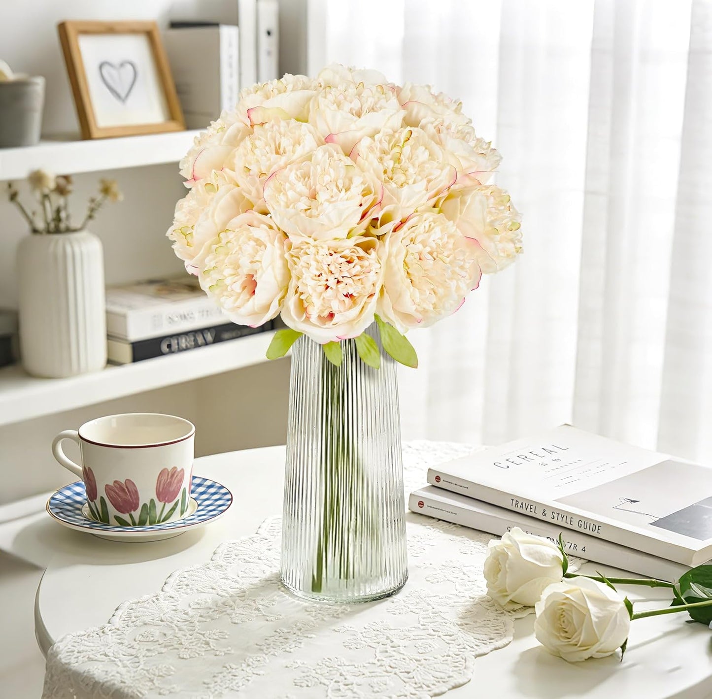 10PCS Artificial Peony Flowers, Real Touch Fake Silk Bouquet with Stems for Home Mothers Day Wedding Party Centerpieces Table Decoration Indoor(Champagne)