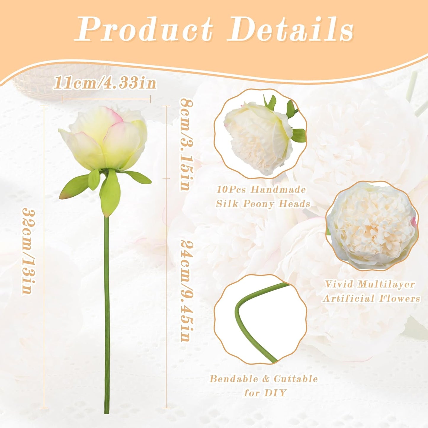10PCS Artificial Peony Flowers, Real Touch Fake Silk Bouquet with Stems for Home Mothers Day Wedding Party Centerpieces Table Decoration Indoor(Champagne)