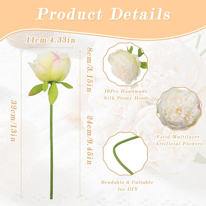 10PCS Artificial Peony Flowers, Real Touch Fake Silk Bouquet with Stems for Home Mothers Day Wedding Party Centerpieces Table Decoration Indoor(Champagne)