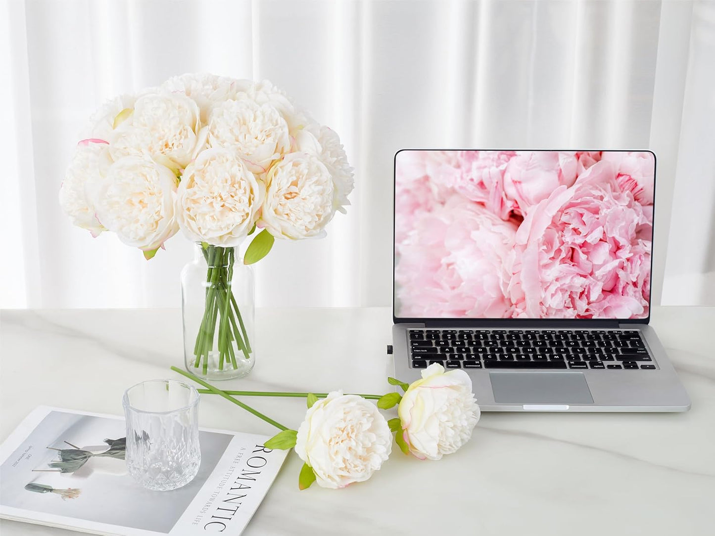 10PCS Artificial Peony Flowers, Real Touch Fake Silk Bouquet with Stems for Home Mothers Day Wedding Party Centerpieces Table Decoration Indoor(Champagne)