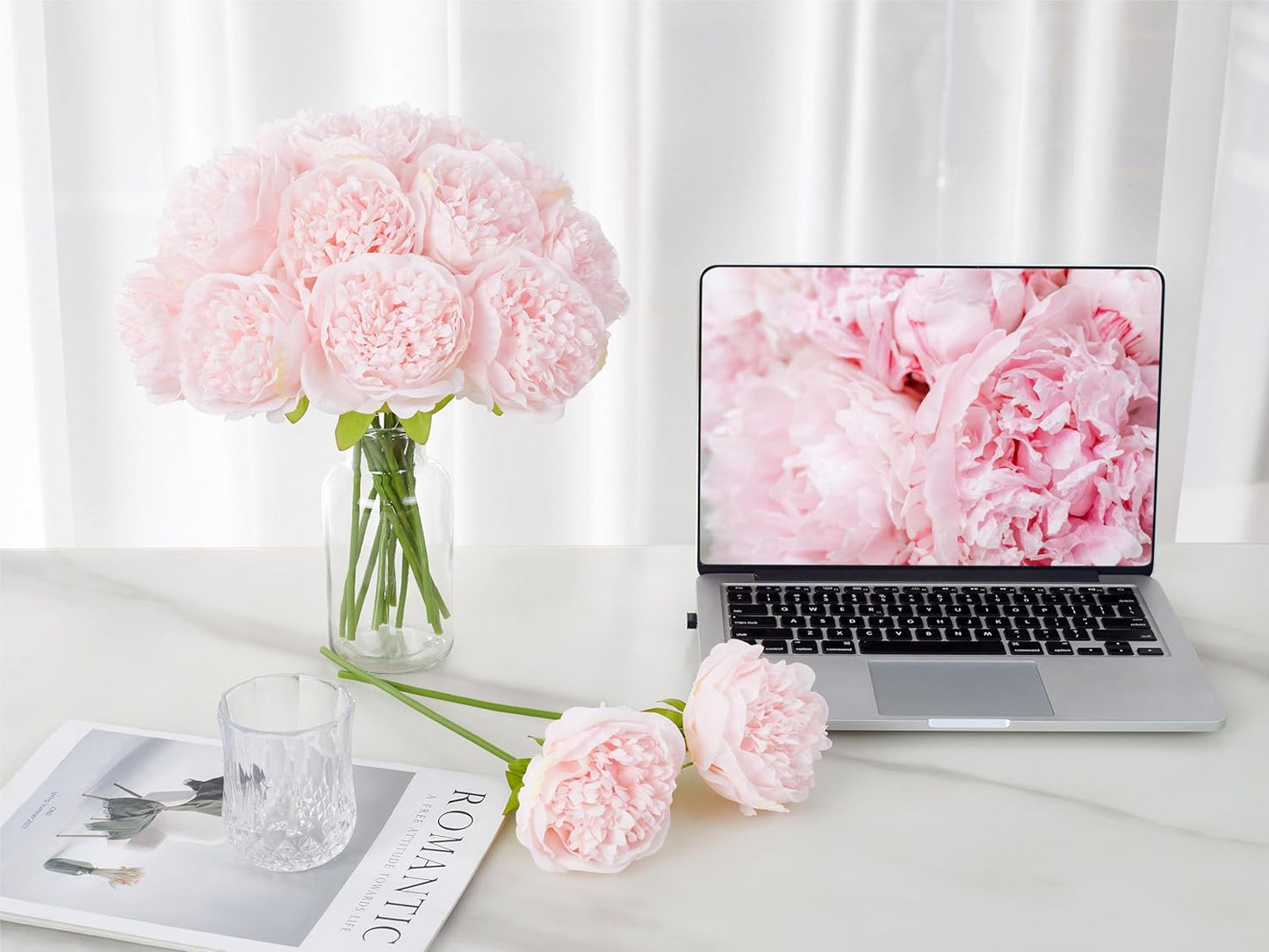 10PCS Artificial Peony Flowers, Real Touch Fake Silk Bouquet with Stems for Home Mothers Day Wedding Party Centerpieces Table Decoration Indoor(Champagne)