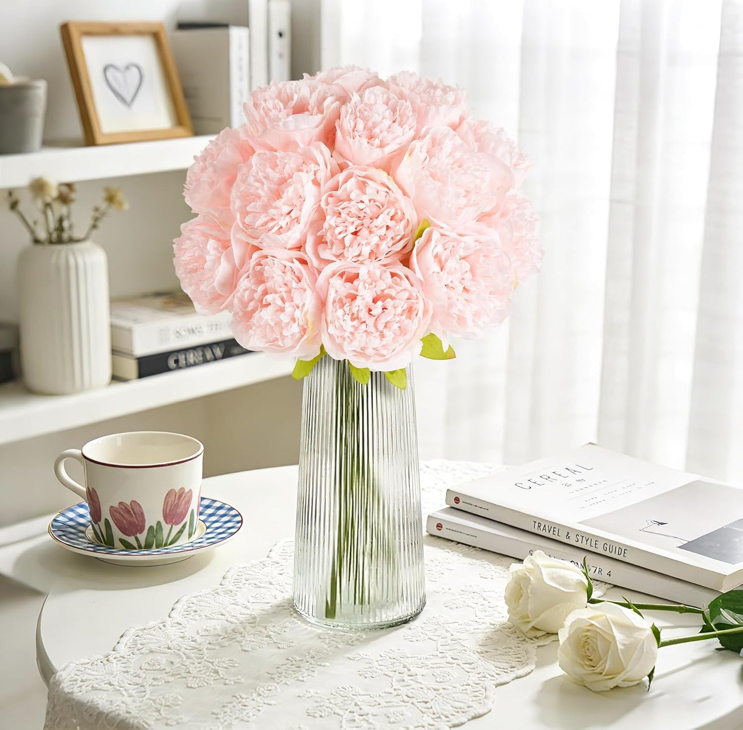 10PCS Artificial Peony Flowers, Real Touch Fake Silk Bouquet with Stems for Home Mothers Day Wedding Party Centerpieces Table Decoration Indoor(Champagne)