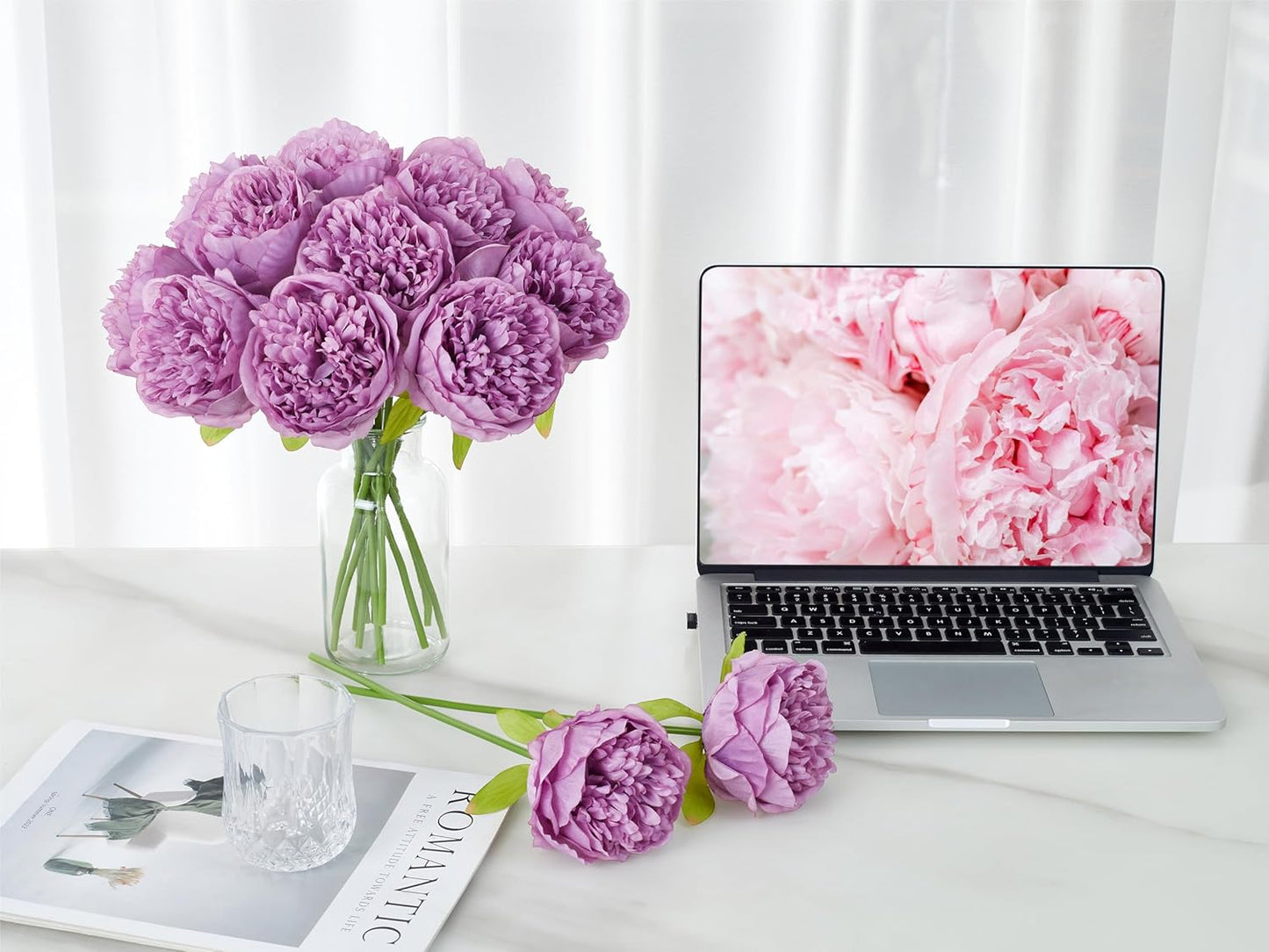 10PCS Artificial Peony Flowers, Real Touch Fake Silk Bouquet with Stems for Home Mothers Day Wedding Party Centerpieces Table Decoration Indoor(Champagne)