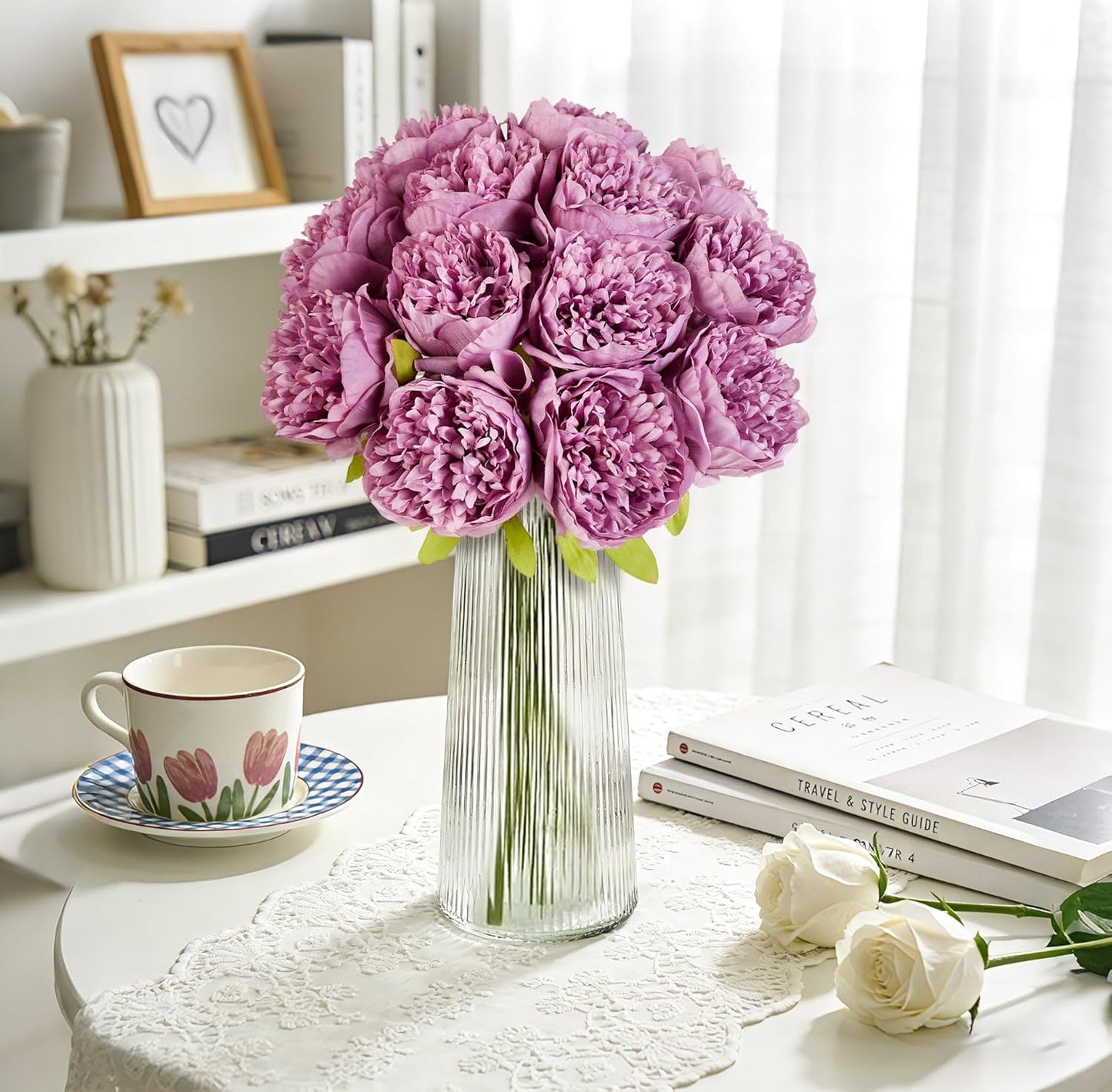 10PCS Artificial Peony Flowers, Real Touch Fake Silk Bouquet with Stems for Home Mothers Day Wedding Party Centerpieces Table Decoration Indoor(Champagne)