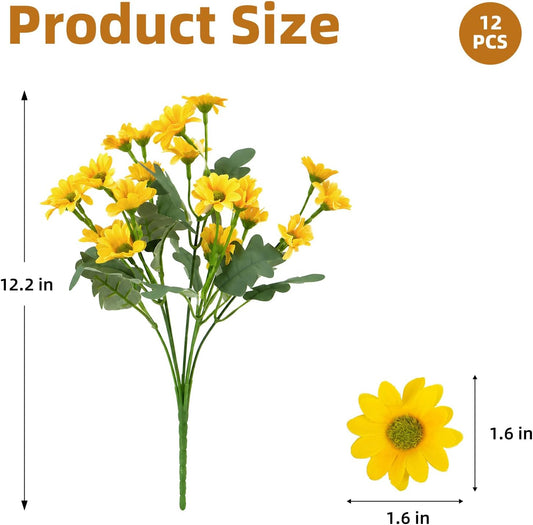 12 Pcs Daisy Artificial Flowers for Outdoors Decoration (Yellow) | UV Resistant Artificial Outdoor Plants, Faux Plants for Autumn Garden, Front Door, Porch, Window Box, Hanging Planters