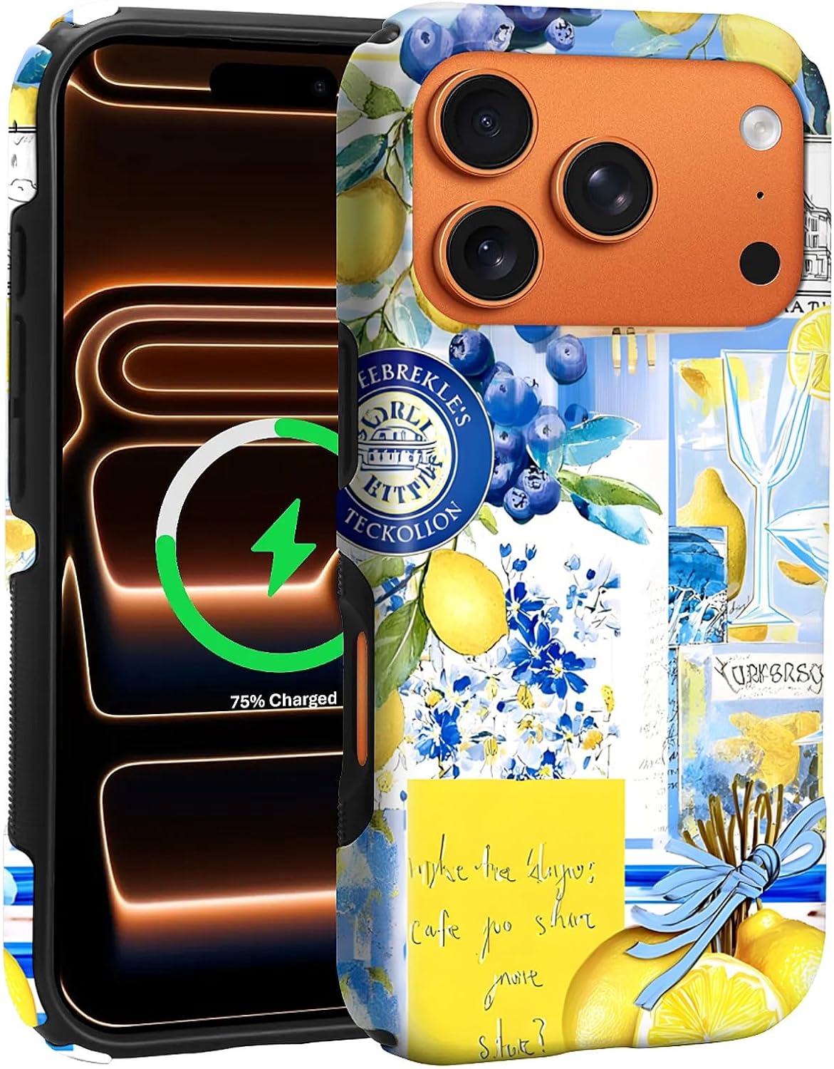 for iPhone 17 Pro Max Case for MagSafe Non Slip Hard Shell Acrylic and Silicone Soft Shell Combination Phone Style 2-in-1 Lemon Blueberry Summer Pattern