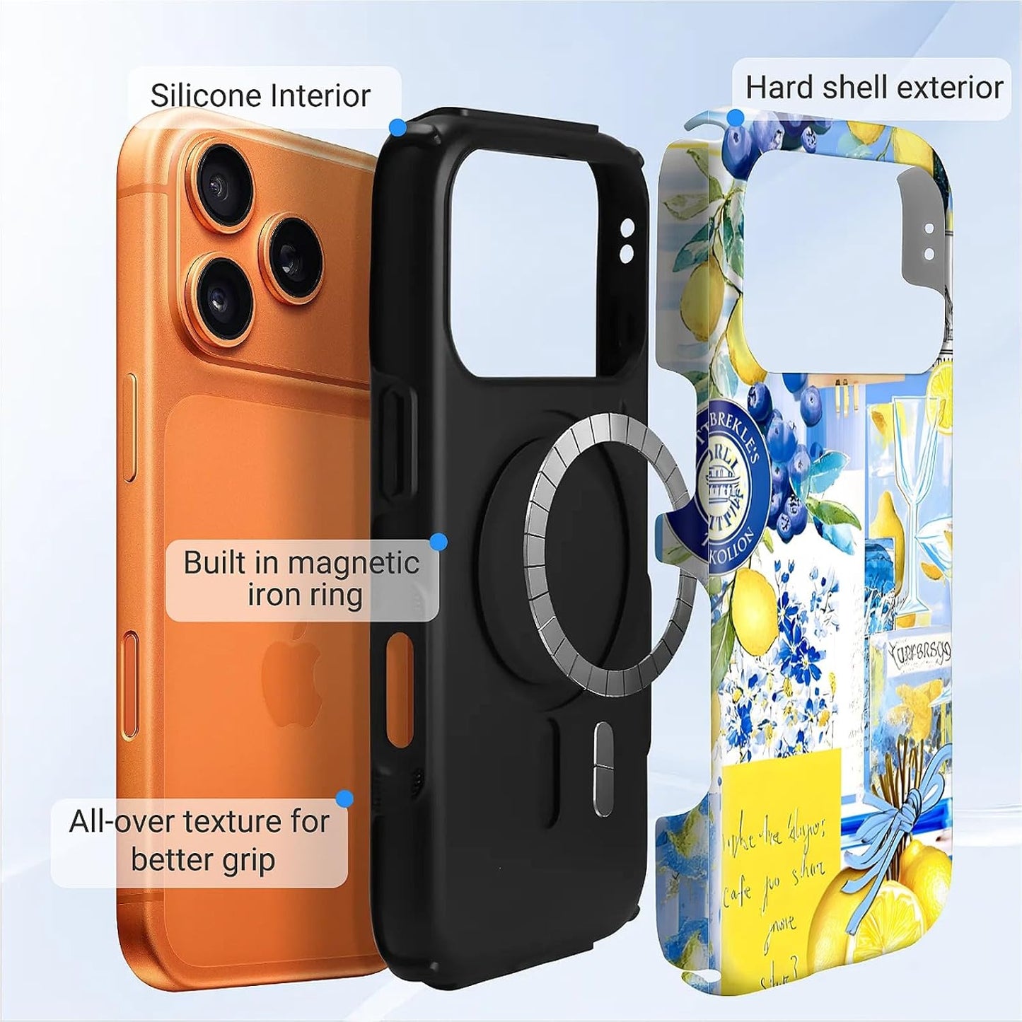 for iPhone 17 Pro Max Case for MagSafe Non Slip Hard Shell Acrylic and Silicone Soft Shell Combination Phone Style 2-in-1 Lemon Blueberry Summer Pattern