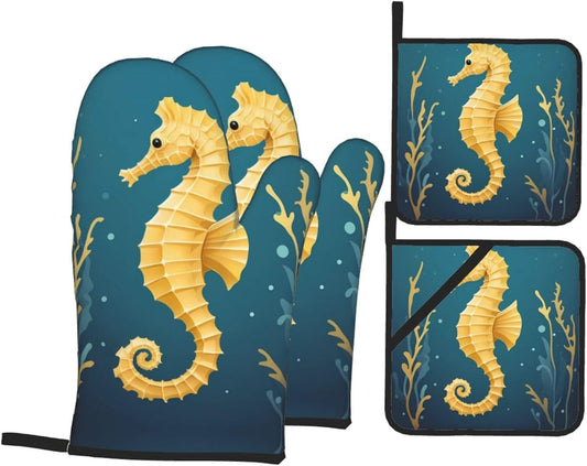 Light Yellow Seahorse Prints Heavy-Duty Oven Layers: 4-Piece Waterproof, Heat Resistant Kitchen Protection Set for Safe Handling & Long-Lasting Durability