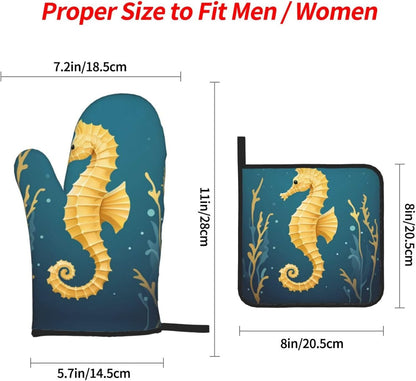 Light Yellow Seahorse Prints Heavy-Duty Oven Layers: 4-Piece Waterproof, Heat Resistant Kitchen Protection Set for Safe Handling & Long-Lasting Durability