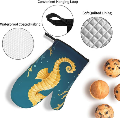 Light Yellow Seahorse Prints Heavy-Duty Oven Layers: 4-Piece Waterproof, Heat Resistant Kitchen Protection Set for Safe Handling & Long-Lasting Durability