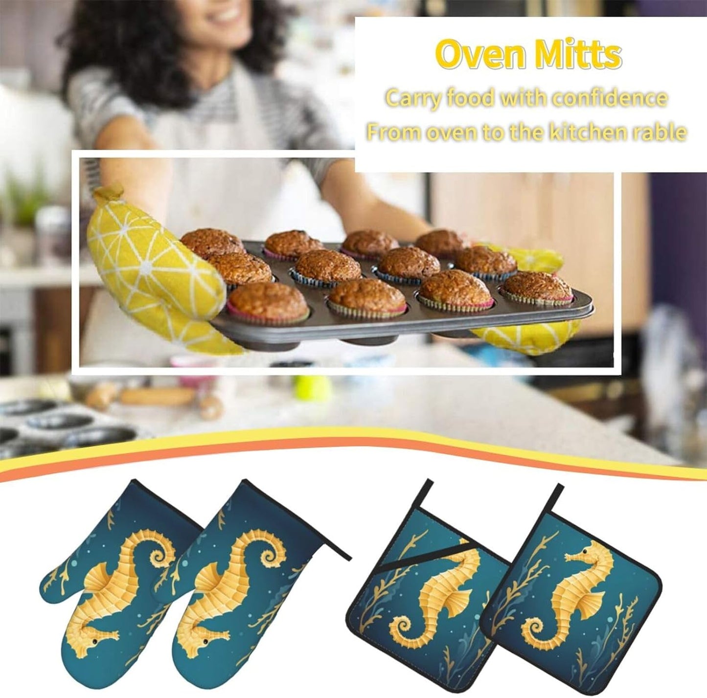 Light Yellow Seahorse Prints Heavy-Duty Oven Layers: 4-Piece Waterproof, Heat Resistant Kitchen Protection Set for Safe Handling & Long-Lasting Durability