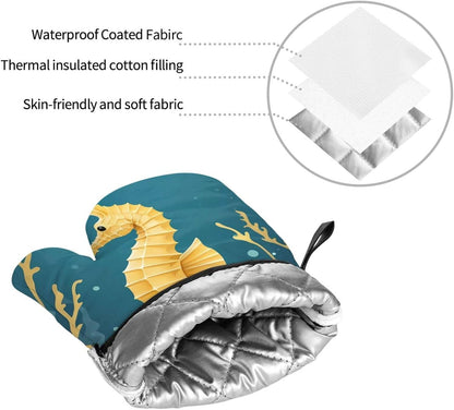 Light Yellow Seahorse Prints Heavy-Duty Oven Layers: 4-Piece Waterproof, Heat Resistant Kitchen Protection Set for Safe Handling & Long-Lasting Durability