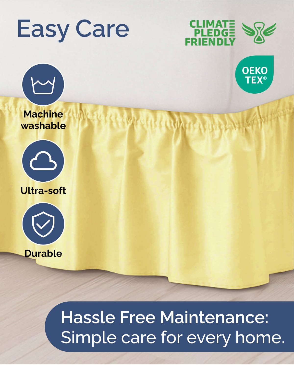 Wrap Around Dust Ruffle Bed Skirt for College Dorm - Yellow - Twin/Twin XL Size Beds w/ 12 Inch Drop - Elastic Strap & Adjustable Pleated Bedskirt - Wrinkle & Fade Free - for Women, Men, Kids & Teens