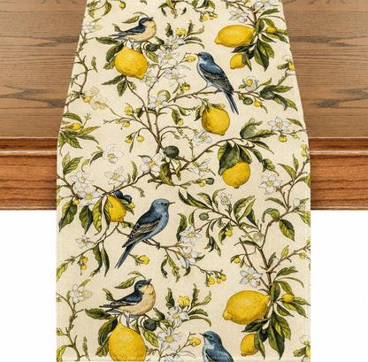 Brown Lemon Tree Bird Flower Table Runner - 13x72 Inch | Summer Kitchen Dining Table Decoration, Indoor Outdoor, Home Party Decor