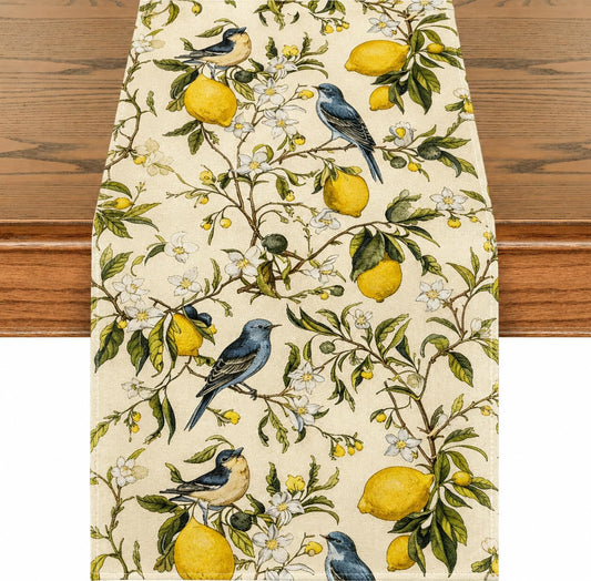 Brown Lemon Tree Bird Flower Table Runner - 13x72 Inch | Summer Kitchen Dining Table Decoration, Indoor Outdoor, Home Party Decor