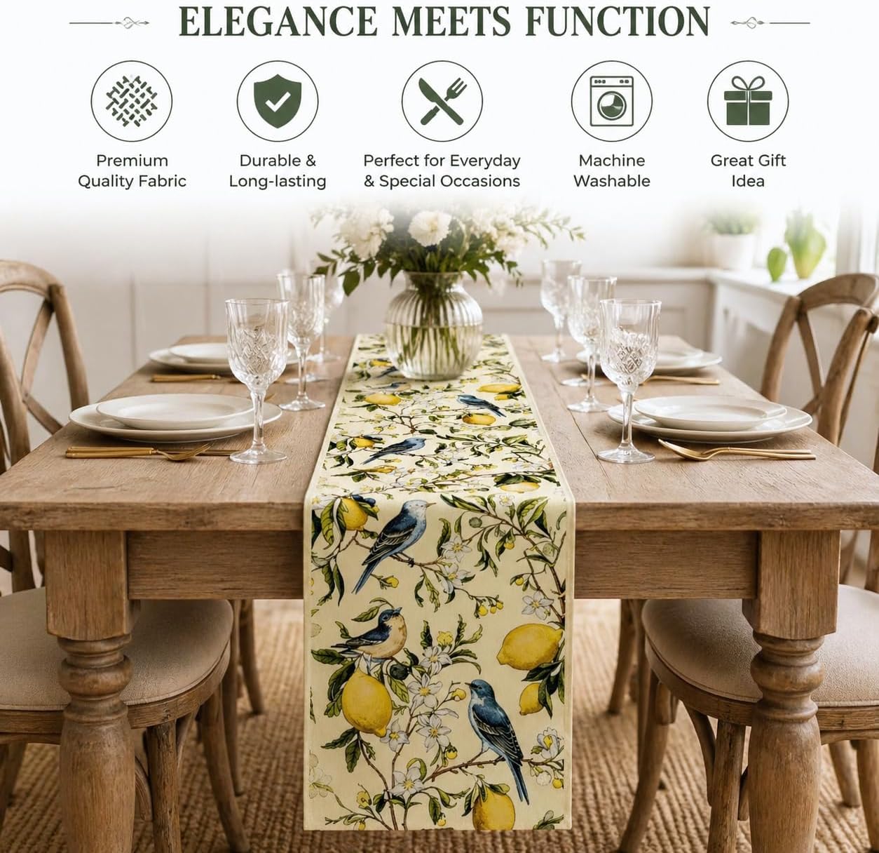 Brown Lemon Tree Bird Flower Table Runner - 13x72 Inch | Summer Kitchen Dining Table Decoration, Indoor Outdoor, Home Party Decor