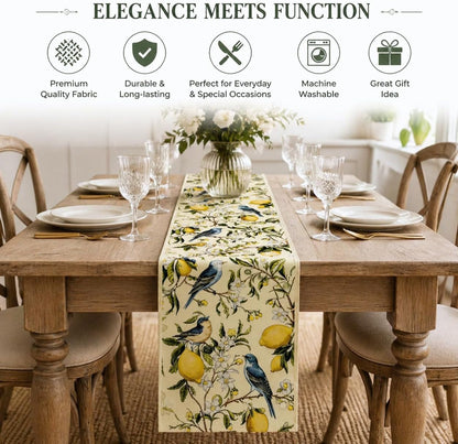 Brown Lemon Tree Bird Flower Table Runner - 13x72 Inch | Summer Kitchen Dining Table Decoration, Indoor Outdoor, Home Party Decor