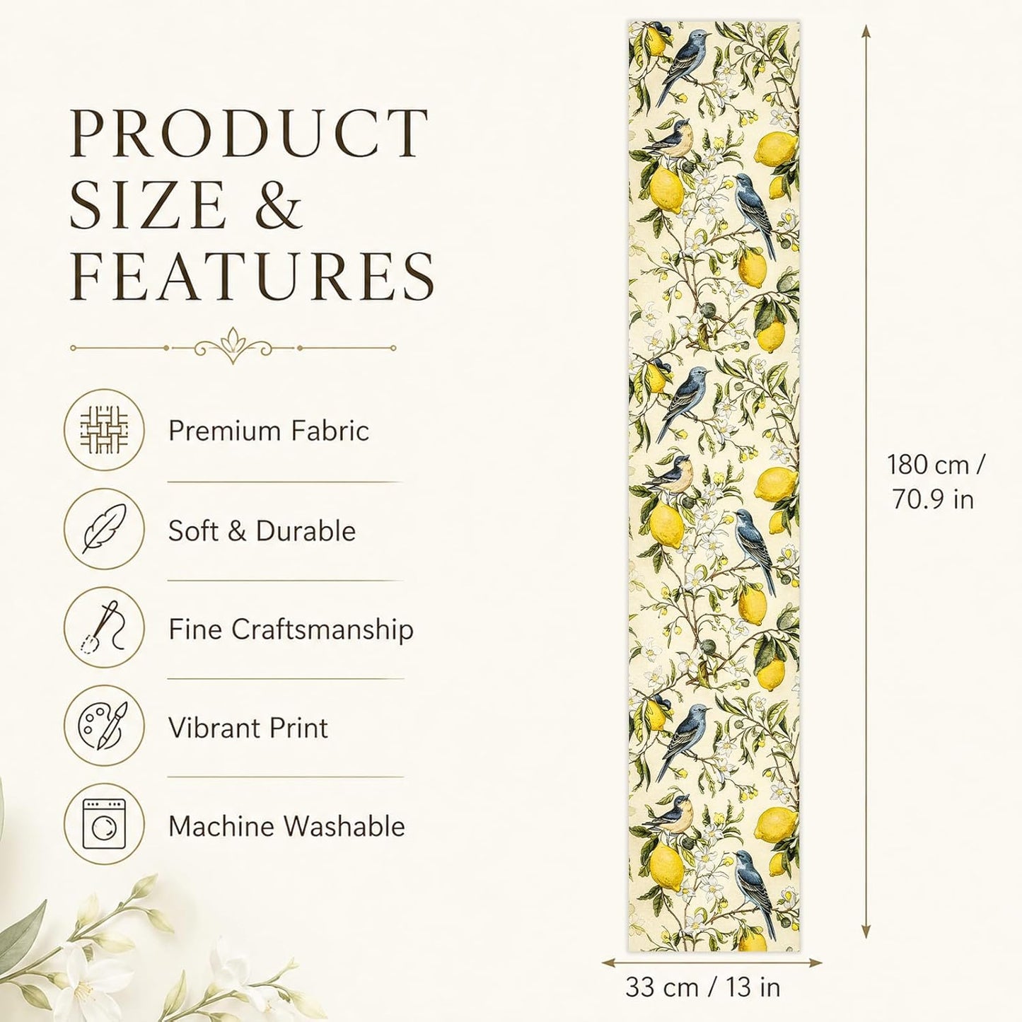 Brown Lemon Tree Bird Flower Table Runner - 13x72 Inch | Summer Kitchen Dining Table Decoration, Indoor Outdoor, Home Party Decor