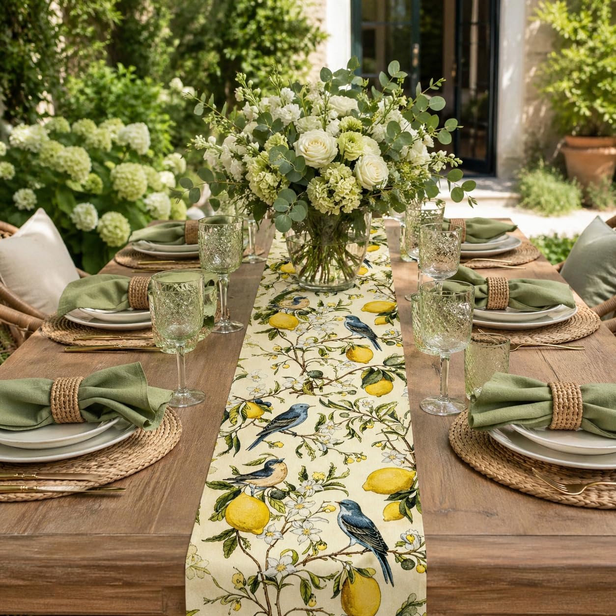 Brown Lemon Tree Bird Flower Table Runner - 13x72 Inch | Summer Kitchen Dining Table Decoration, Indoor Outdoor, Home Party Decor