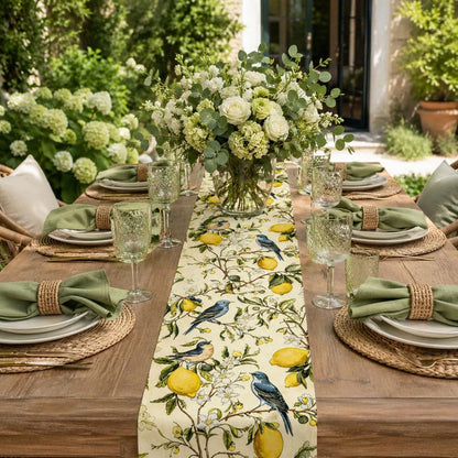 Brown Lemon Tree Bird Flower Table Runner - 13x72 Inch | Summer Kitchen Dining Table Decoration, Indoor Outdoor, Home Party Decor