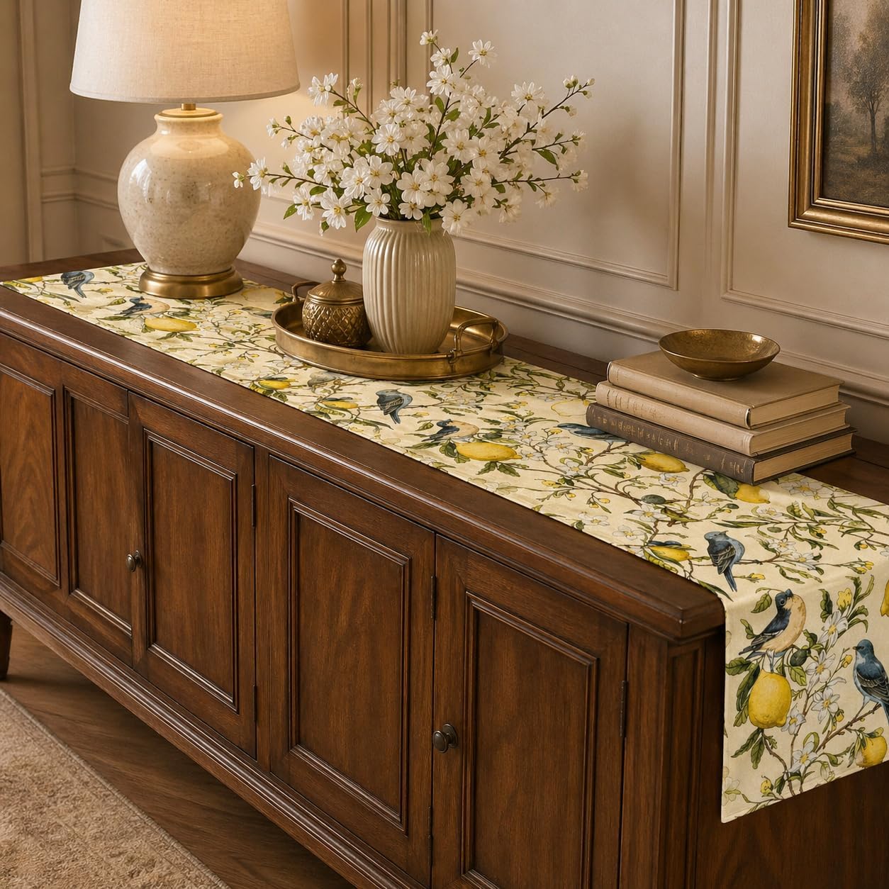 Brown Lemon Tree Bird Flower Table Runner - 13x72 Inch | Summer Kitchen Dining Table Decoration, Indoor Outdoor, Home Party Decor