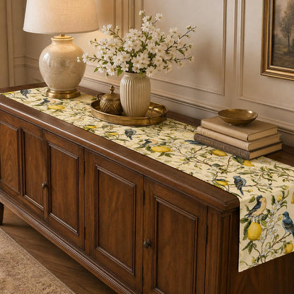 Brown Lemon Tree Bird Flower Table Runner - 13x72 Inch | Summer Kitchen Dining Table Decoration, Indoor Outdoor, Home Party Decor