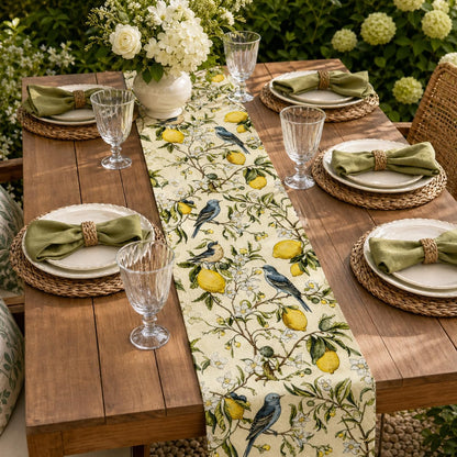 Brown Lemon Tree Bird Flower Table Runner - 13x72 Inch | Summer Kitchen Dining Table Decoration, Indoor Outdoor, Home Party Decor