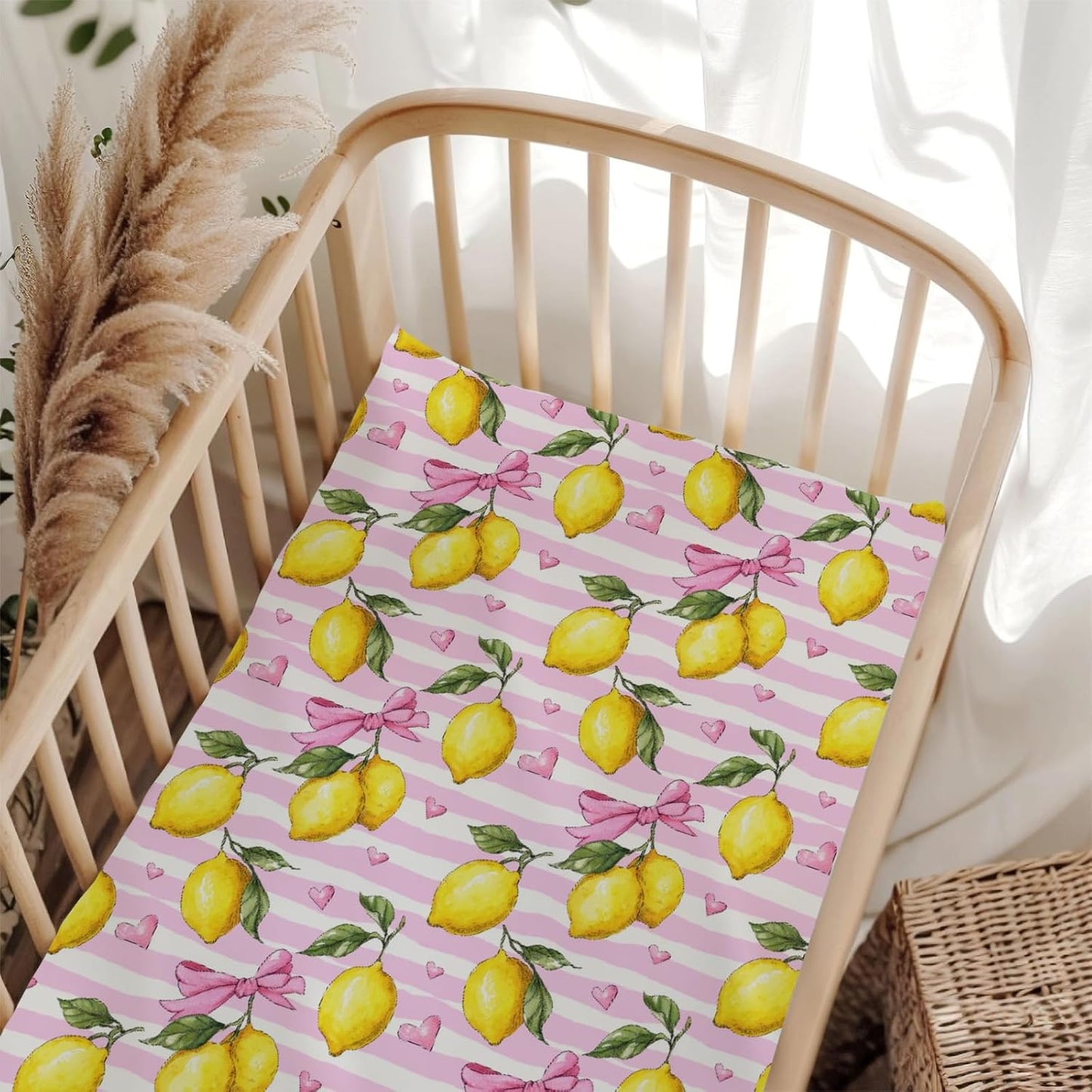 Cute Lemon Bows Pink Stripes Baby Crib Sheet for Boys & Girls 52x28x9 in Yellow Lemons Leaves Baby Sheet for Standard Crib and Toddler Bed Mattress Summer Fruit Bed Sheets