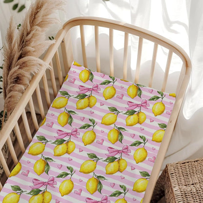 Cute Lemon Bows Pink Stripes Baby Crib Sheet for Boys & Girls 52x28x9 in Yellow Lemons Leaves Baby Sheet for Standard Crib and Toddler Bed Mattress Summer Fruit Bed Sheets