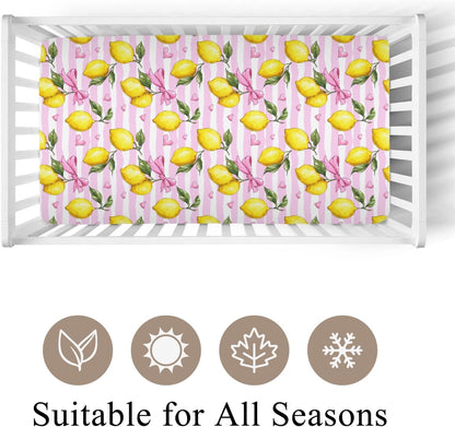 Cute Lemon Bows Pink Stripes Baby Crib Sheet for Boys & Girls 52x28x9 in Yellow Lemons Leaves Baby Sheet for Standard Crib and Toddler Bed Mattress Summer Fruit Bed Sheets