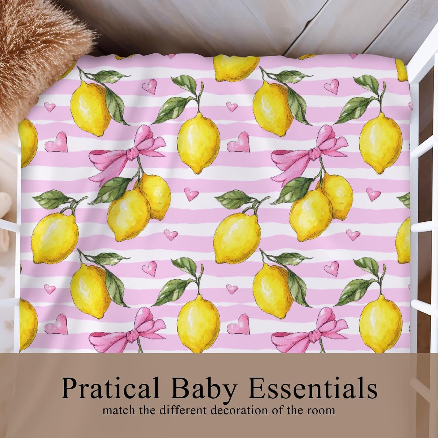 Cute Lemon Bows Pink Stripes Baby Crib Sheet for Boys & Girls 52x28x9 in Yellow Lemons Leaves Baby Sheet for Standard Crib and Toddler Bed Mattress Summer Fruit Bed Sheets