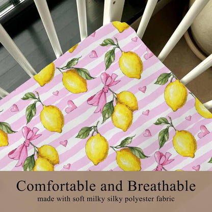 Cute Lemon Bows Pink Stripes Baby Crib Sheet for Boys & Girls 52x28x9 in Yellow Lemons Leaves Baby Sheet for Standard Crib and Toddler Bed Mattress Summer Fruit Bed Sheets