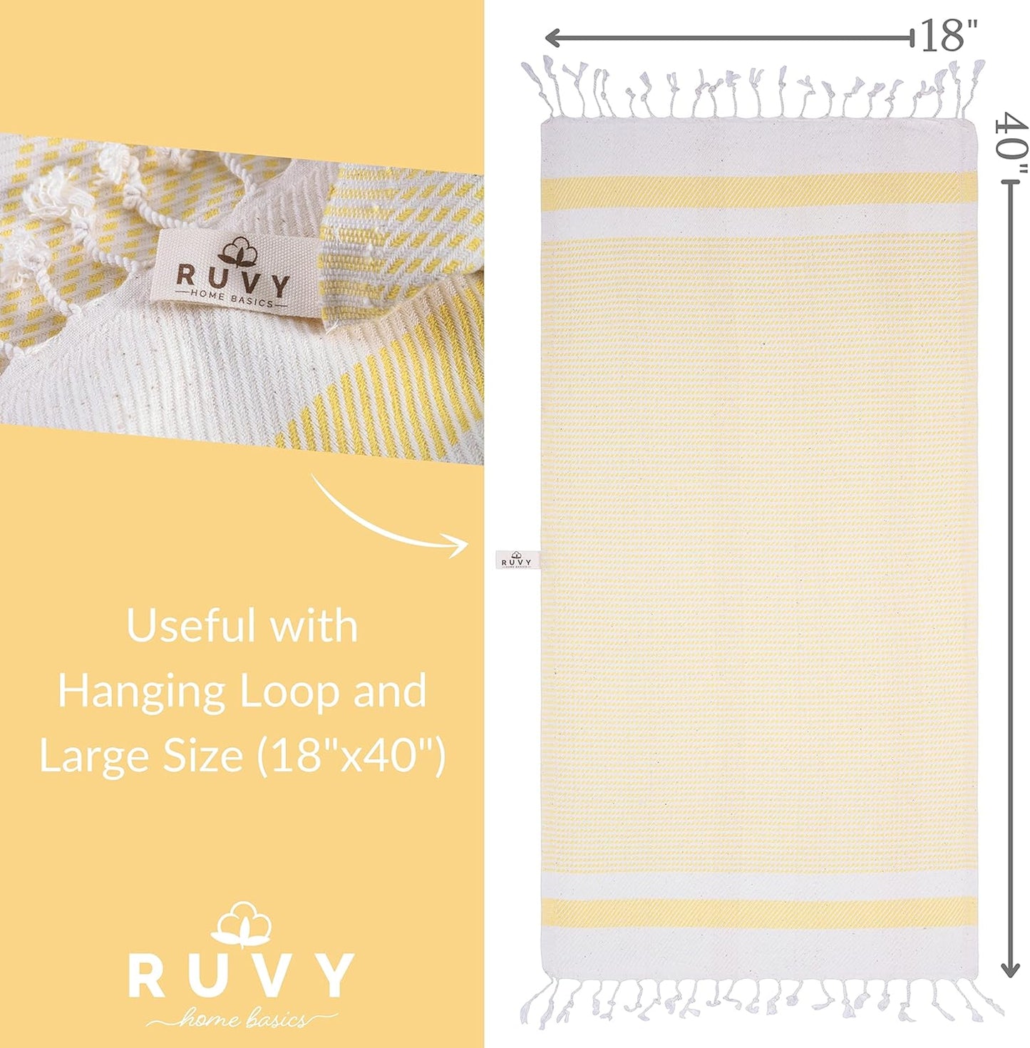 Turkish Hand Towels for Bathroom Set of 2 | 18"x40", Cotton | Decorative Towel for Bathroom, Kitchen, Dishcloth, Tea, Yoga, Face, Gym - Yellow