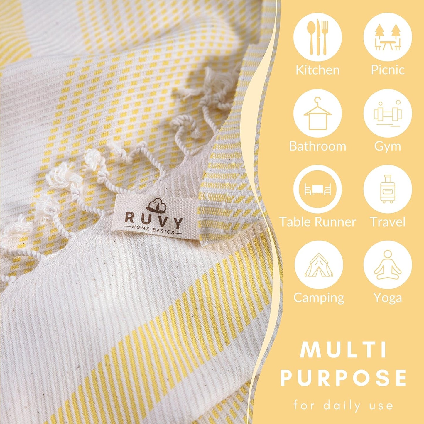 Turkish Hand Towels for Bathroom Set of 2 | 18"x40", Cotton | Decorative Towel for Bathroom, Kitchen, Dishcloth, Tea, Yoga, Face, Gym - Yellow