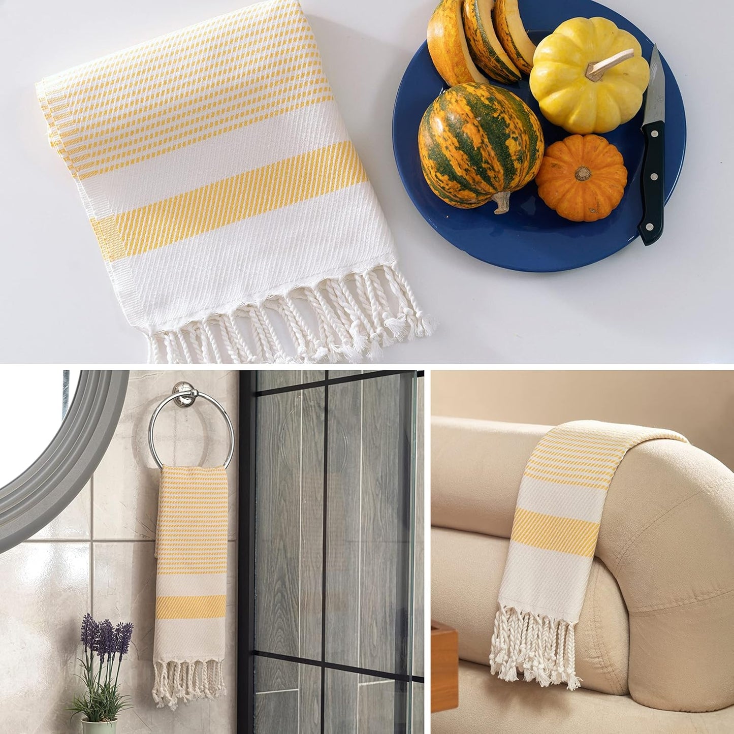 Turkish Hand Towels for Bathroom Set of 2 | 18"x40", Cotton | Decorative Towel for Bathroom, Kitchen, Dishcloth, Tea, Yoga, Face, Gym - Yellow