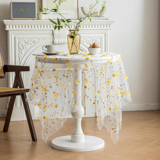 Yellow Flower Embroidery Square Tablecloth for Square/Round Tables 55x55 Inch Mesh Lace Table Cloth Farmhouse Rustic Table Cover for Kitchen Dining Decor Party Wedding(Yellow,55"x55")