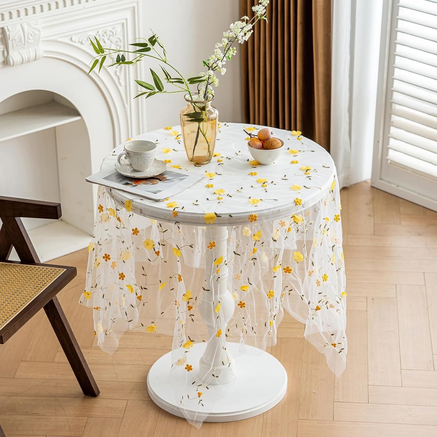 Yellow Flower Embroidery Square Tablecloth for Square/Round Tables 55x55 Inch Mesh Lace Table Cloth Farmhouse Rustic Table Cover for Kitchen Dining Decor Party Wedding(Yellow,55"x55")