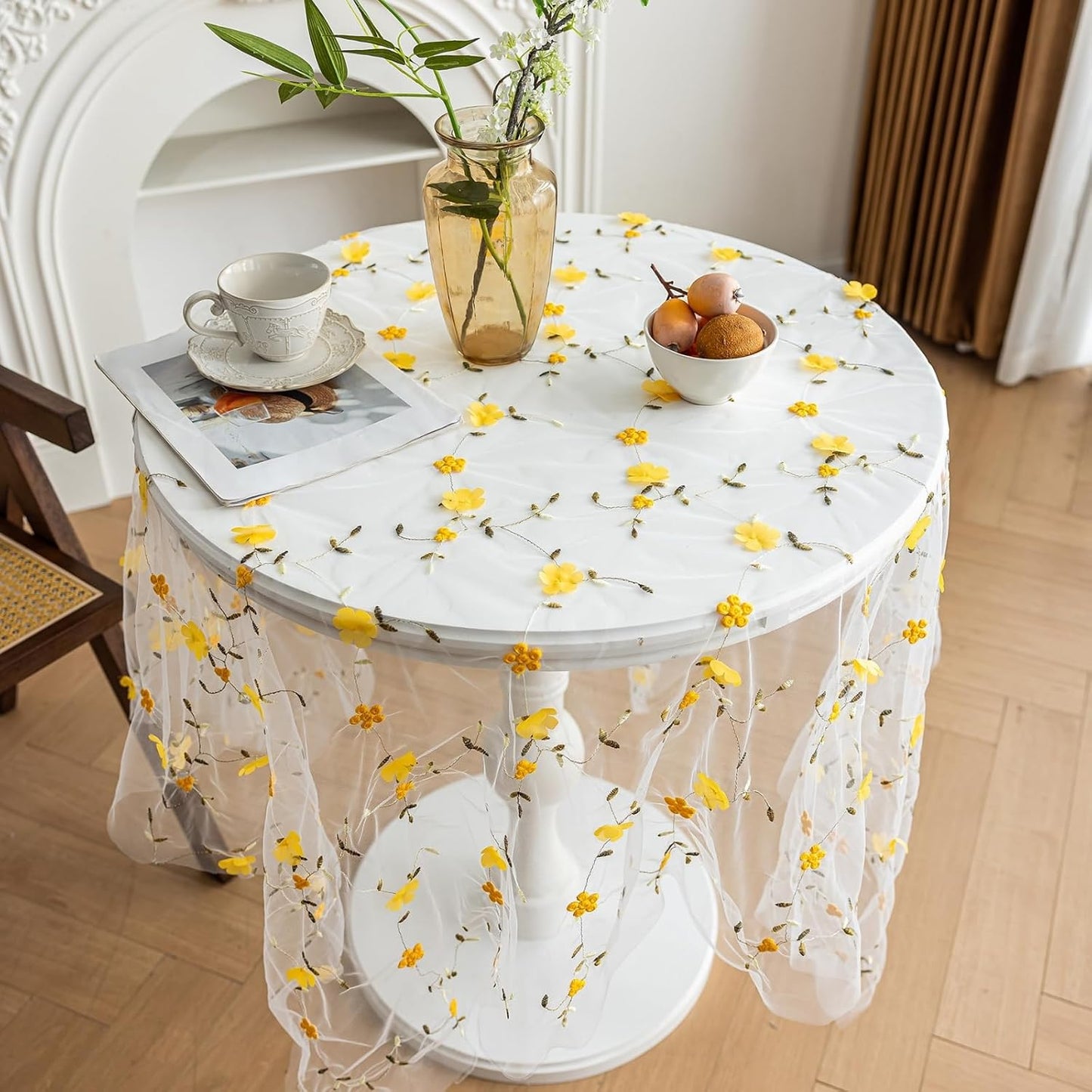 Yellow Flower Embroidery Square Tablecloth for Square/Round Tables 55x55 Inch Mesh Lace Table Cloth Farmhouse Rustic Table Cover for Kitchen Dining Decor Party Wedding(Yellow,55"x55")