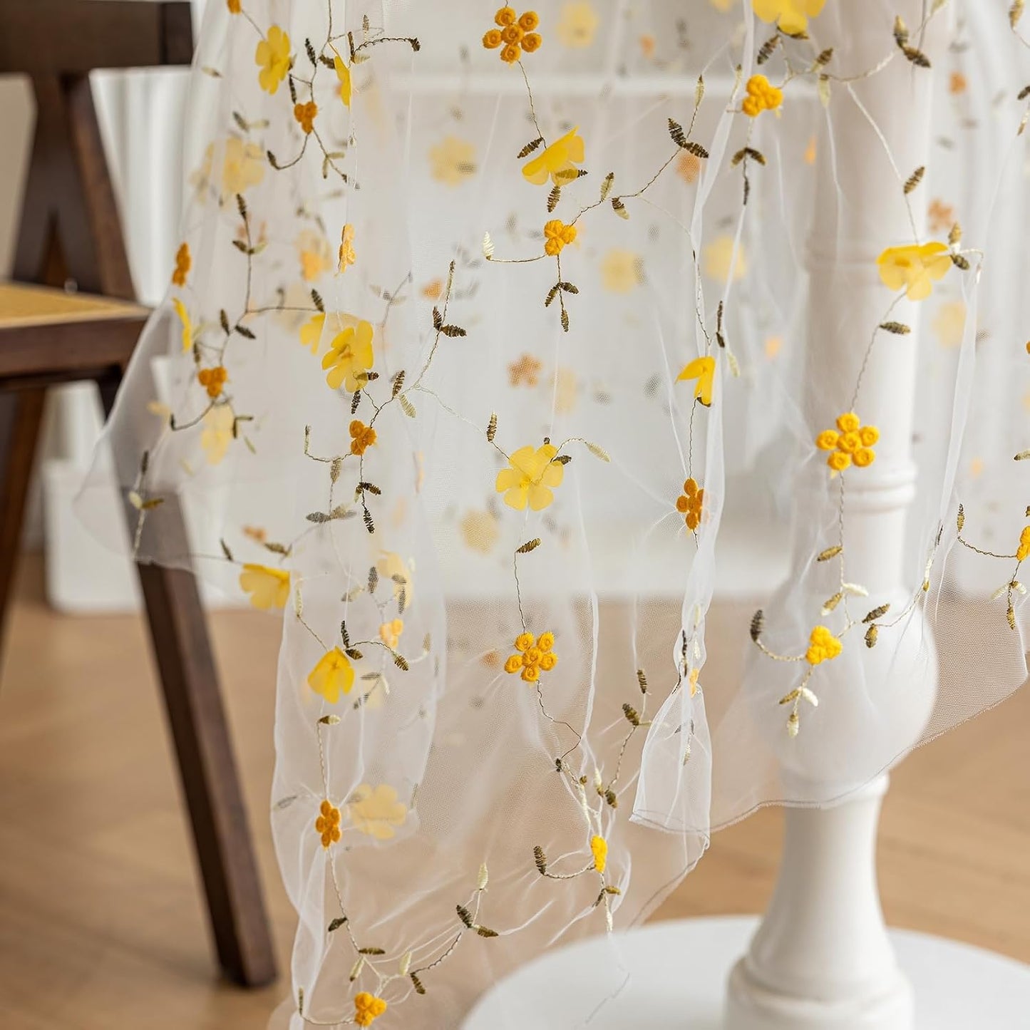 Yellow Flower Embroidery Square Tablecloth for Square/Round Tables 55x55 Inch Mesh Lace Table Cloth Farmhouse Rustic Table Cover for Kitchen Dining Decor Party Wedding(Yellow,55"x55")