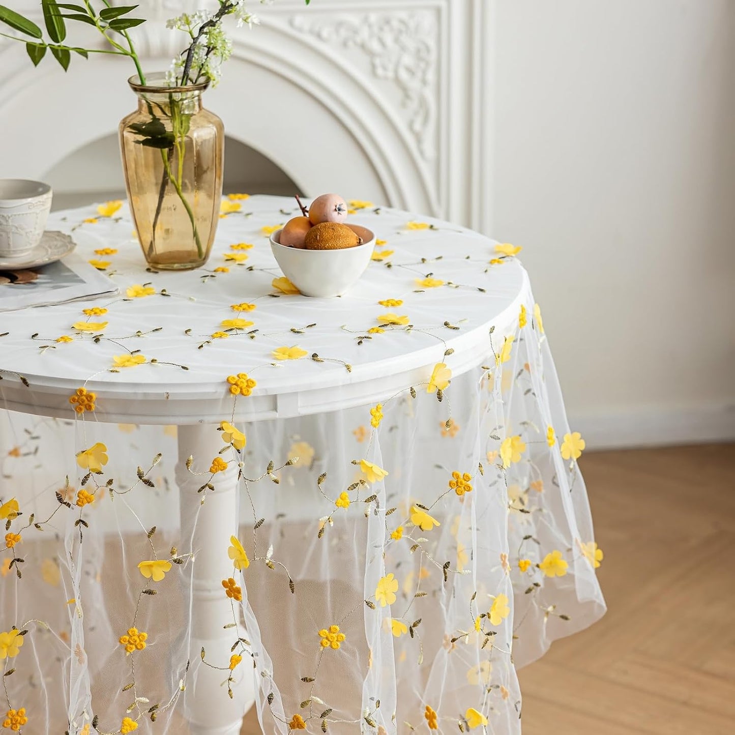 Yellow Flower Embroidery Square Tablecloth for Square/Round Tables 55x55 Inch Mesh Lace Table Cloth Farmhouse Rustic Table Cover for Kitchen Dining Decor Party Wedding(Yellow,55"x55")