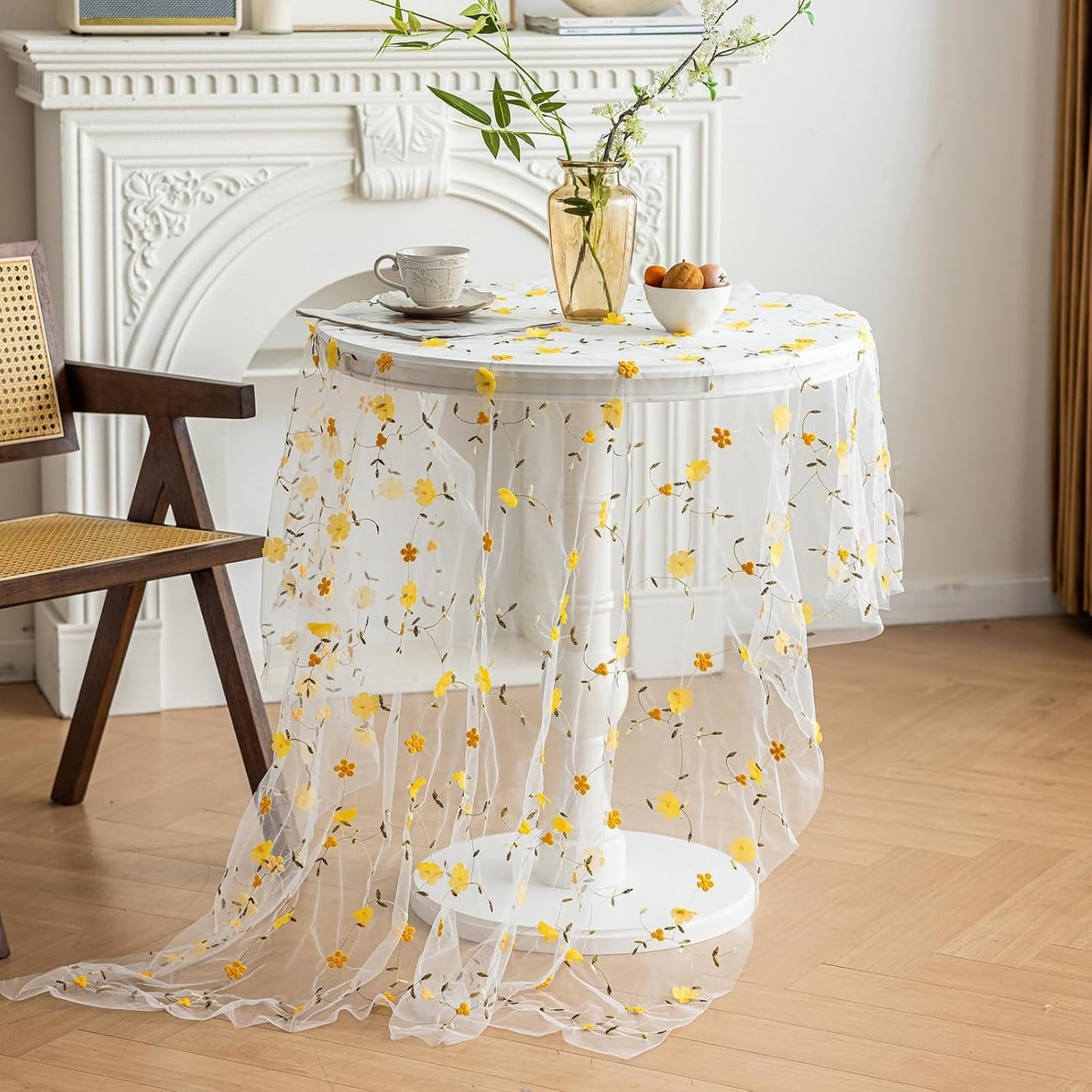 Yellow Flower Embroidery Square Tablecloth for Square/Round Tables 55x55 Inch Mesh Lace Table Cloth Farmhouse Rustic Table Cover for Kitchen Dining Decor Party Wedding(Yellow,55"x55")