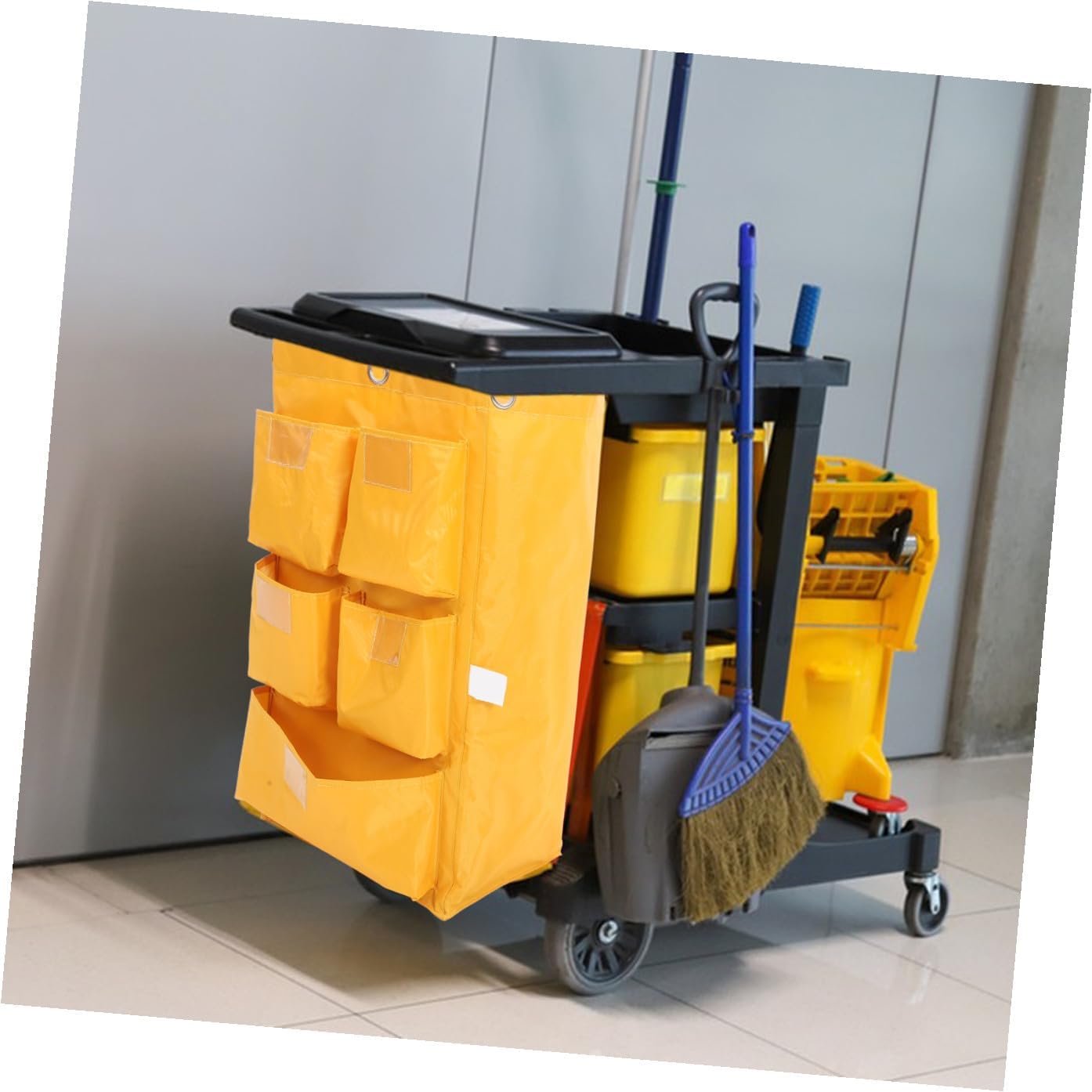 Replacement Janitorial Cart Bag Waterproof Canvas Cleaning Supply Bag with 5 Pockets Yellow Cleaning Cart Pouch for Housekeeping and Trash Collection